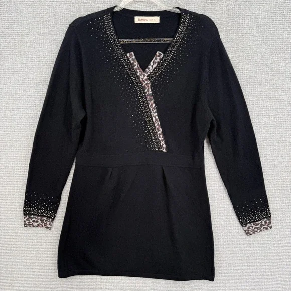 ElsMorr Women Top Sz L Black‎ Beaded Leopard Trim V Neck Long Sleeve Tunic Glam - Picture 1 of 12